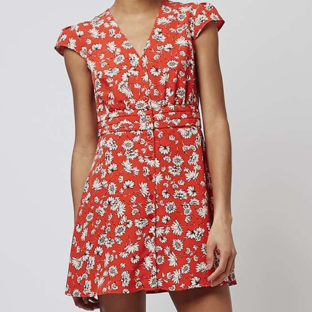 Topshop Red Floral Mini Sun Dress